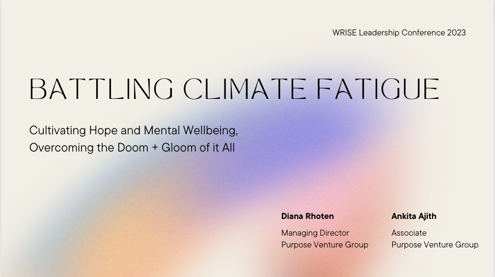 Battling Climate Fatigue title screenshot for WRISE Leadership Conference 2023